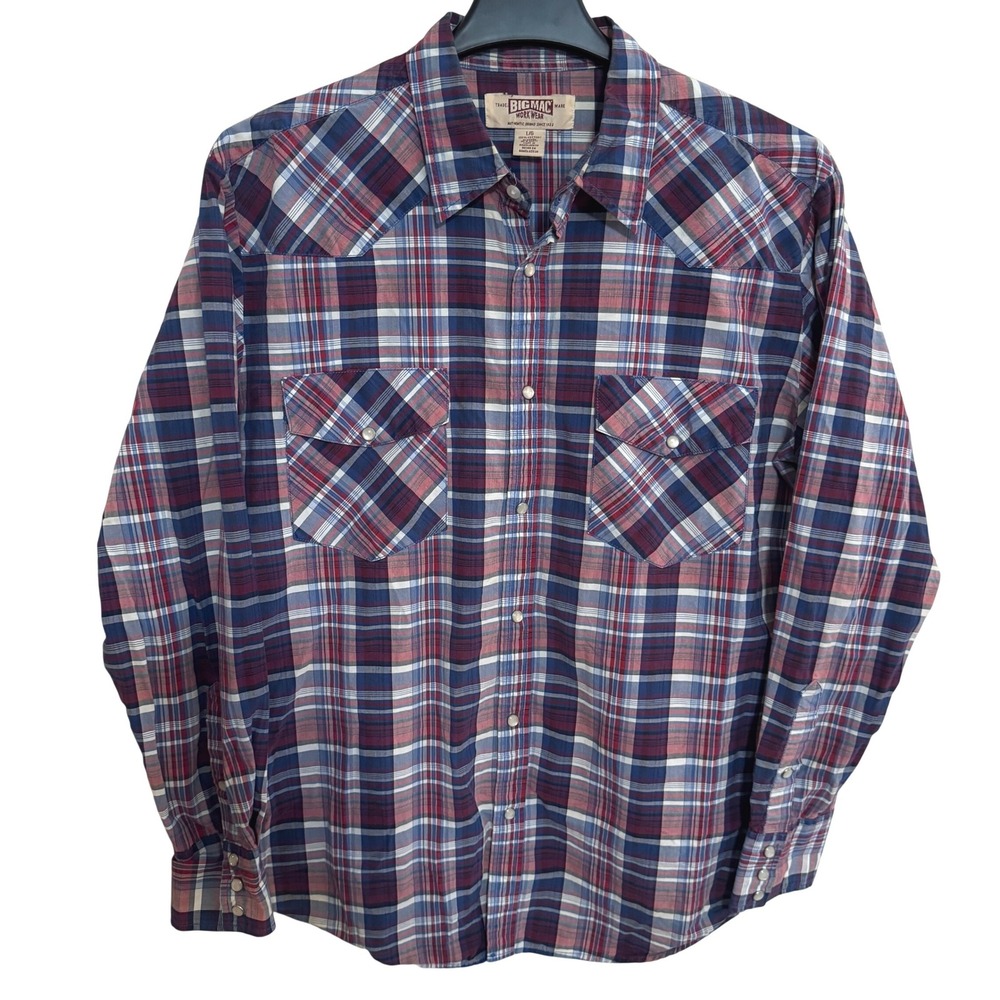 Big Mac Workwear Western Plaid Shirt Men's Large Blue Red Pearl Snap Cowboy RARE